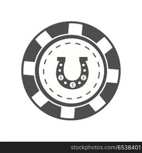 Gambling chip Vector Illustration. Gambling chip vector in monochrome. Black casino chip with horseshoe sign. Illustration for gambling industry, sport lottery services, icons, web pages, logo design. Isolated on white background.