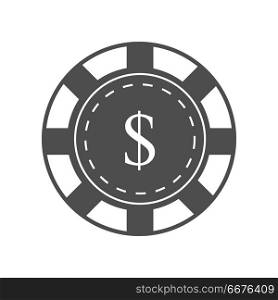 Gambling chip Vector Illustration In Flat Design.. Gambling chip vector in monochrome. Black casino chip with dollar sign. Illustration for gambling industry, sport lottery services, icons, web pages, logo design. Isolated on white background.