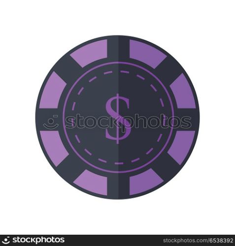 Gambling chip vector in flat style. Violet casino chip with dollar sign. Illustration for gambling industry, sport lottery services, icons, web pages, logo design. Isolated on white background. . Gambling chip Vector Illustration In Flat Design.. Gambling chip Vector Illustration In Flat Design.