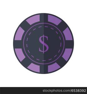 Gambling chip vector in flat style. Violet casino chip with dollar sign. Illustration for gambling industry, sport lottery services, icons, web pages, logo design. Isolated on white background. . Gambling chip Vector Illustration In Flat Design.. Gambling chip Vector Illustration In Flat Design.