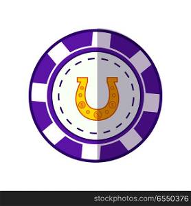 Gambling chip vector in flat style. Violet casino chip with horseshoe sign. Illustration for gambling industry, sport lottery services, icons, web pages, logo design. Isolated on white background. . Gambling chip Vector Illustration In Flat Design.. Gambling chip Vector Illustration In Flat Design.