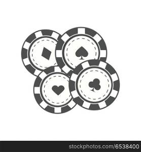 Gambling Chips Vector Illustration In Flat Design. Gambling chips vector in monochrome, black color. Four casino chips with card suits. Illustration for gambling industry, sport lottery services, icons, web pages, logo design. Isolated on white
