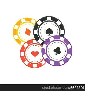 Gambling chips vector in flat style. Four casino chips with card suits. Illustration for gambling industry, sport lottery services, icons, web pages, logo design. Isolated on white background. . Gambling Chips Vector Illustration In Flat Design.. Gambling Chips Vector Illustration In Flat Design.
