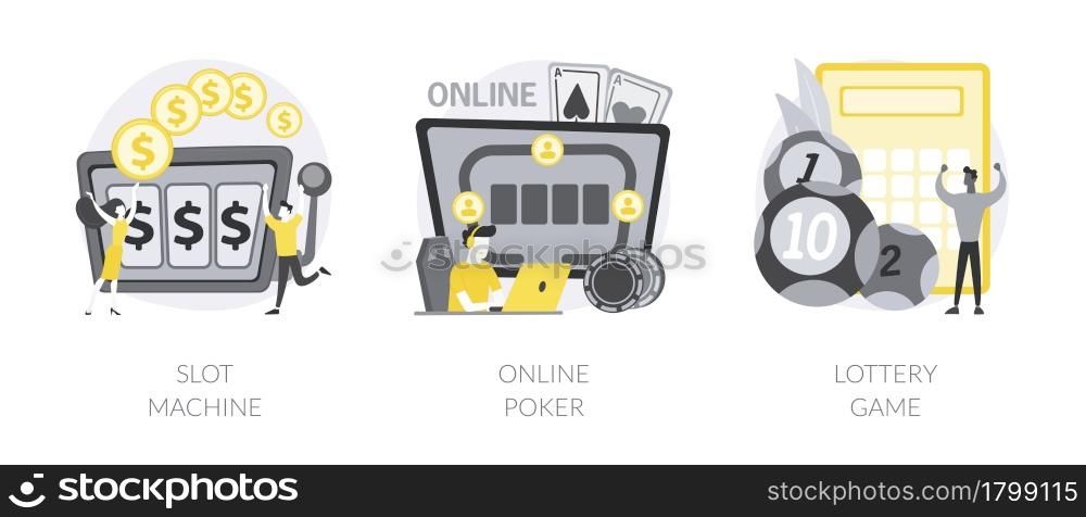 Gambling club abstract concept vector illustration set. Slot machine, online poker, lottery game, online casino, TV show, jackpot win, download application, lucky raffle ticket abstract metaphor.. Gambling club abstract concept vector illustrations.