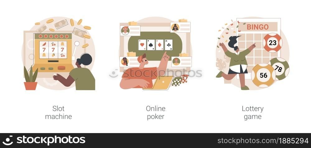 Gambling club abstract concept vector illustration set. Slot machine, online poker, lottery game, online casino, TV show, jackpot win, download application, lucky raffle ticket abstract metaphor.. Gambling club abstract concept vector illustrations.