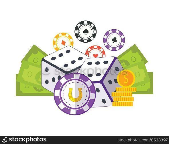 Gambling concept vector in flat style. Casino chips, dice, money. Illustration for gambling industry, sport lottery services, icons, web pages, logo design. Isolated on green background. . Gambling Concept Vector Flat style Illustration.. Gambling Concept Vector Flat style Illustration.