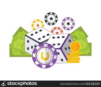 Gambling concept vector in flat style. Casino chips, dice, money. Illustration for gambling industry, sport lottery services, icons, web pages, logo design. Isolated on green background. . Gambling Concept Vector Flat style Illustration.. Gambling Concept Vector Flat style Illustration.