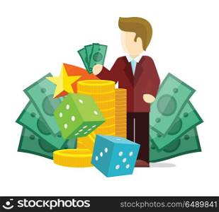 Gambling concept vector in flat style. Dice, money, croupier, winner, gold cions illustrations for gambling industry, sport lottery services, icons, web pages, logo design. On white background. . Gambling Concept Vector Flat style Illustration. Gambling Concept Vector Flat style Illustration