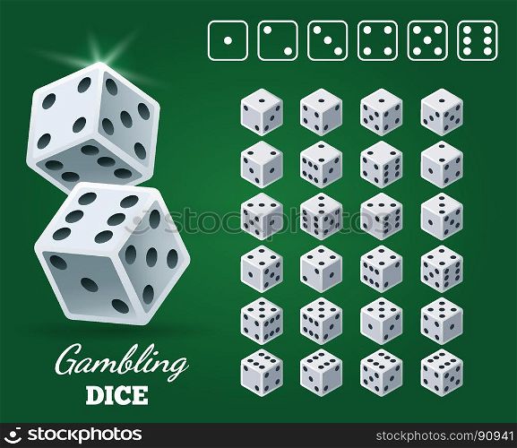 Gambling dice set on green background. Gambling dice set on green background. White cubes with black pips on Casino game back, vector illustration
