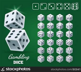 Gambling dice set on green background. Gambling dice set on green background. White cubes with black pips on Casino game back, vector illustration