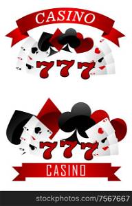 Gambling emblems or signs showing playing cards in all the suits clubs, spades, diamonds and hearts with a ribbon banner and text Casino and 777