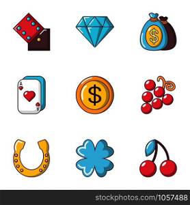 Gambling establishment icons set. Cartoon set of 9 gambling establishment vector icons for web isolated on white background. Gambling establishment icons set, cartoon style