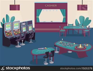 Gambling flat color vector illustration. Slot and fruit machines row. Green table to play poker. Blackjack game desk. Casino room 2D cartoon interior with cashier counter on background