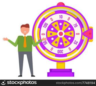 Gambling, fortune wheel and boy, luck and chance vector. Wealth and profit, casino game and guy in tie, color roulette, prize and award, isolated object. Fortune Wheel and Boy, Gambling, Luck and Chance