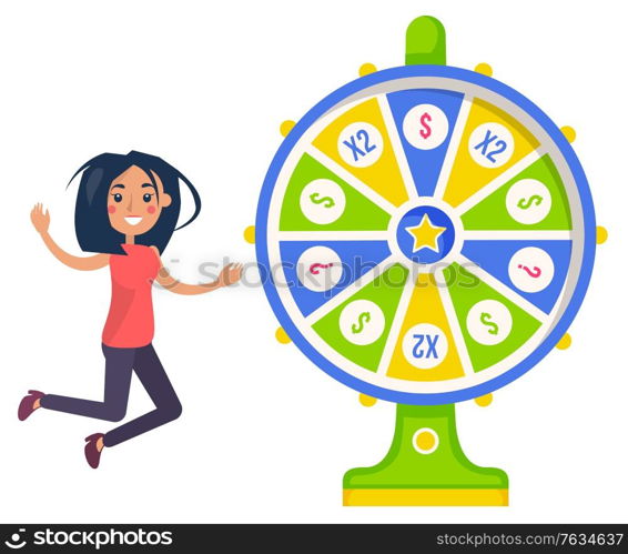 Gambling, fortune wheel and casino, lucky girl. Score and win, easy earning, profit or jackpot, stake or bet, luck and risk, lottery money game. Vector illustration in flat cartoon style. Fortune Wheel and Lucky Girl, Gambling and Casino