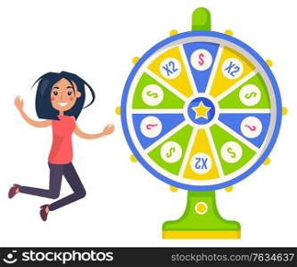 Gambling, fortune wheel and casino, lucky girl. Score and win, easy earning, profit or jackpot, stake or bet, luck and risk, lottery money game. Vector illustration in flat cartoon style. Fortune Wheel and Lucky Girl, Gambling and Casino