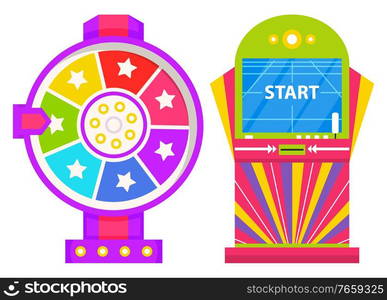 Gambling fortune wheel vector, isolated game machine with screen saying start. Casino online, flat style devices with reward and spirit of competition. Playing on money and winning victorious tokens. Start Playing on Game Machine, Fortune Wheel Set