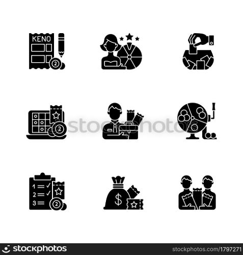 Gambling game types black glyph icons set on white space. Quiz show. Keno game. Raffle. Lottery agent. Randomly pick winning numbers. Daily draws. Silhouette symbols. Vector isolated illustration. Gambling game types black glyph icons set on white space