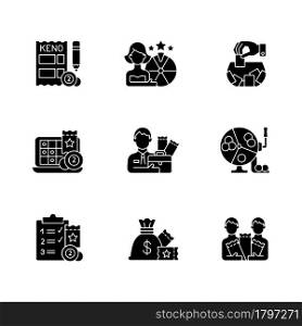 Gambling game types black glyph icons set on white space. Quiz show. Keno game. Raffle. Lottery agent. Randomly pick winning numbers. Daily draws. Silhouette symbols. Vector isolated illustration. Gambling game types black glyph icons set on white space
