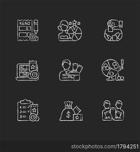 Gambling game types chalk white icons set on dark background. Quiz show. Keno game. Raffle. Lottery agent. Randomly pick winning numbers. Daily draws. Isolated vector chalkboard illustrations on black. Gambling game types chalk white icons set on dark background