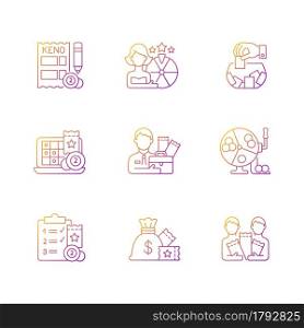 Gambling game types gradient linear vector icons set. Quiz show. Keno game. Raffle. Lottery agent. Daily draws. Thin line contour symbols bundle. Isolated vector outline illustrations collection. Gambling game types gradient linear vector icons set
