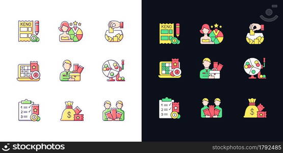 Gambling game types light and dark theme RGB color icons set. Quiz show. Keno game. Raffle. Lottery agent. Isolated vector illustrations on white and black space. Simple filled line drawings pack. Gambling game types light and dark theme RGB color icons set