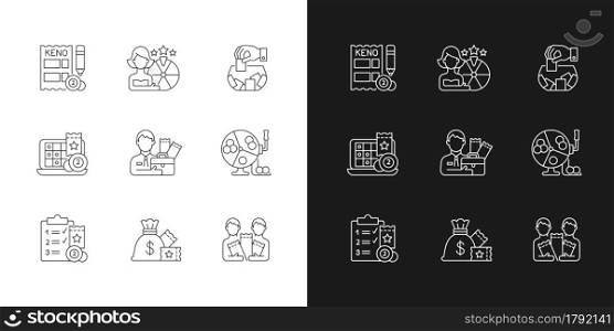 Gambling game types linear icons set for dark and light mode. Quiz show. Keno game. Raffle. Lottery agent. Customizable thin line symbols. Isolated vector outline illustrations. Editable stroke. Gambling game types linear icons set for dark and light mode