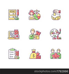 Gambling game types RGB color icons set. Quiz show. Keno game. Raffle. Lottery agent. Randomly pick winning numbers. Daily draws. Isolated vector illustrations. Simple filled line drawings collection. Gambling game types RGB color icons set