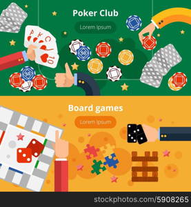 Gambling games flat banners set. Online poker club and board gambling games interactive webpage two flat banners design abstract isolated vector illustration