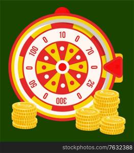 Gambling games, isolated roulette with bets and money amounts. Prize in casino, gamblers luck, fortune wheel with pointer and coins. Vector illustration in flat cartoon style. Fortune Wheel with Numbers Pointer Money Casino