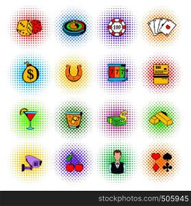 Gambling icons set in comics style isolated on white. Gambling icons set, comics style