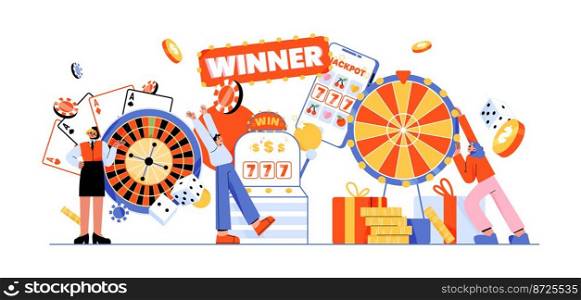 Gambling, online casino poster with winner banner, jackpot in slot machine and on mobile phone screen, woman spin wheel of fortune, happy man, croupier and roulette, vector flat illustration. Gambling, online casino poster with jackpot