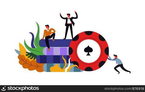 Gambling players males with different emotion on face isolated vector. Spade sign on coin pushed by man won the prize and money. Luck and risks of gamblers in casino, success and lucky people. Gambling males with different emotion on face isolated vector