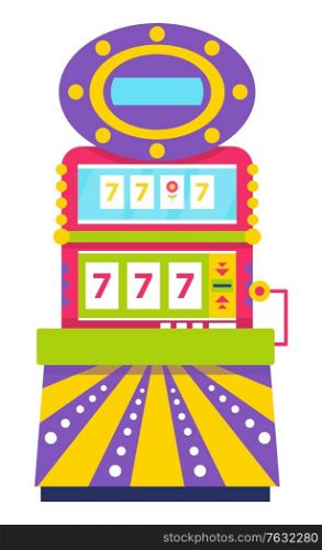 Gambling playing on money bets, isolated slot machine showing triple sevens. Lucky number, winner success of gambler. Lottery and bingo symbol. Vector illustration in flat cartoon style. Slot Machine Lucky Sevens Spinning Wheels Gambling