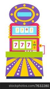 Gambling playing on money bets, isolated slot machine showing triple sevens. Lucky number, winner success of gambler. Lottery and bingo symbol. Vector illustration in flat cartoon style. Slot Machine Lucky Sevens Spinning Wheels Gambling