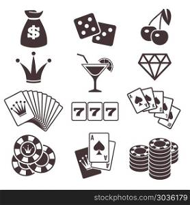 Gambling, poker card game, casino, luck vector icons set. Gambling, and poker card game, casino luck vector icons set. Play in dice and blackjack illustration