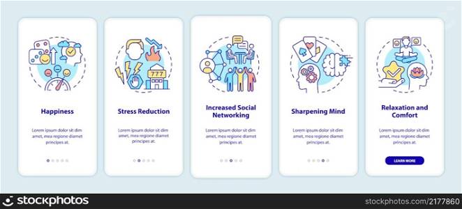 Gambling positive traits onboarding mobile app screen. Entertainment walkthrough 5 steps graphic instructions pages with linear concepts. UI, UX, GUI template. Myriad Pro-Bold, Regular fonts used. Gambling positive traits onboarding mobile app screen