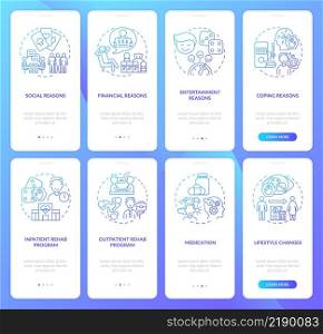 Gambling psychology blue gradient onboarding mobile app screen set. Walkthrough 5 steps graphic instructions pages with linear concepts. UI, UX, GUI template. Myriad Pro-Bold, Regular fonts used. Gambling psychology blue gradient onboarding mobile app screen set
