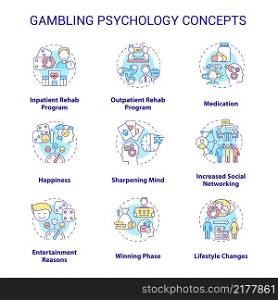 Gambling psychology concept icons set. Addiction and mental issues. Treatment and overcoming idea thin line color illustrations. Isolated outline drawings. Roboto-Medium, Myriad Pro-Bold fonts used. Gambling psychology concept icons set