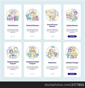 Gambling psychology onboarding mobile app screen set. Addiction walkthrough 5 steps graphic instructions pages with linear concepts. UI, UX, GUI template. Myriad Pro-Bold, Regular fonts used. Gambling psychology onboarding mobile app screen set