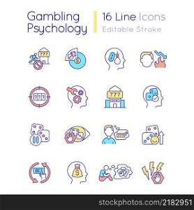 Gambling psychology RGB color icons set. Reasons of addiction. Overcoming problem. Isolated vector illustrations. Simple filled line drawings collection. Editable stroke. Quicksand-Light font used. Gambling psychology RGB color icons set