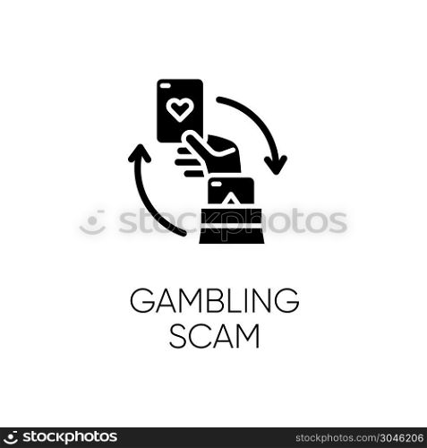 Gambling scam glyph icon. Money betting. Cheating in casino. Hand holding card. Online fraud. Cybercrime. Fraudulent scheme. Silhouette symbol. Negative space. Vector isolated illustration