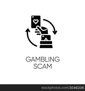 Gambling scam glyph icon. Money betting. Cheating in casino. Hand holding card. Online fraud. Cybercrime. Fraudulent scheme. Silhouette symbol. Negative space. Vector isolated illustration