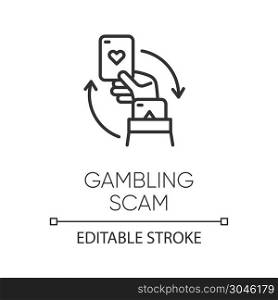 Gambling scam linear icon. Money betting, risk taking. Cheating in casino. Hand holding card. Cybercrime. Thin line illustration. Contour symbol. Vector isolated outline drawing. Editable stroke