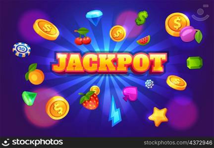 Gambling slot machine winning background with casino symbols. 777 game jackpot screen with flying coins. Cartoon money prize vector concept. Banner game win jackpot illustration. Gambling slot machine winning background with casino symbols. 777 game jackpot screen with flying coins. Cartoon money prize vector concept