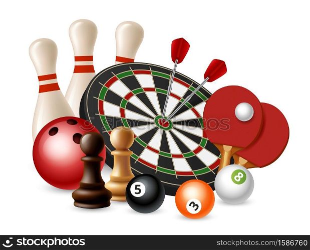 Gambling sport games. Vector bowling, darts, chess, ping pong isolated on white background. Bowling and chess, darts and snooker, ping pong sport illustration. Gambling sport games. Vector bowling, darts, chess, ping pong isolated on white background