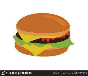 Gamburger Isolated. Hamburger with Meat. Junk Food. Gamburger banner. Hamburger with meat lettuce cheese onion and tomato. Junk food. Consumption of high calories nourishment fast food. Part of series of promotion healthy diet and good fit. Vector