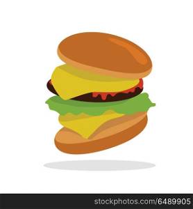 Gamburger Isolated. Hamburger with Meat. Junk Food. Gamburger banner. Hamburger with meat lettuce cheese onion and tomato. Junk food. Consumption of high calories nourishment fast food. Part of series of promotion healthy diet and good fit. Vector