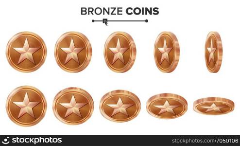 Game 3D Bronze Coin Vector With Star. Flip Different Angles. Achievement Coin Icons, Sign, Success, Winner, Bonus, Cash Symbol. Illustration Isolated On White. For Web, Game Or App Interface.. Game 3D Bronze Coin Vector With Star. Flip Different Angles. Achievement Coin Icons, Sign, Success, Winner, Bonus, Cash Symbol. Illustration Isolated On White.
