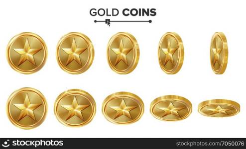 Game 3D Gold Coin Vector With Star. Flip Different Angles. Achievement Coin Icons, Sign, Success, Winner, Bonus, Cash Symbol. Illustration Isolated On White. For Web, Game Or App Interface.. Game 3D Gold Coin Vector With Star. Flip Different Angles. Achievement Coin Icons, Sign, Success, Winner, Bonus, Cash Symbol. Illustration Isolated On White